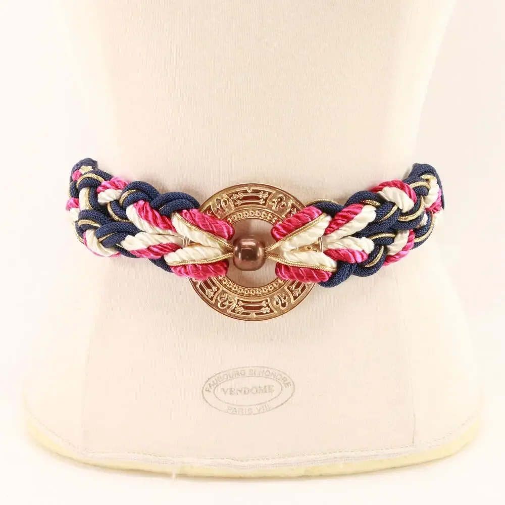 Vtg Summer Sailor Waist Belt Women Blue Pink White Gold Tone Medallion Disc Hook
